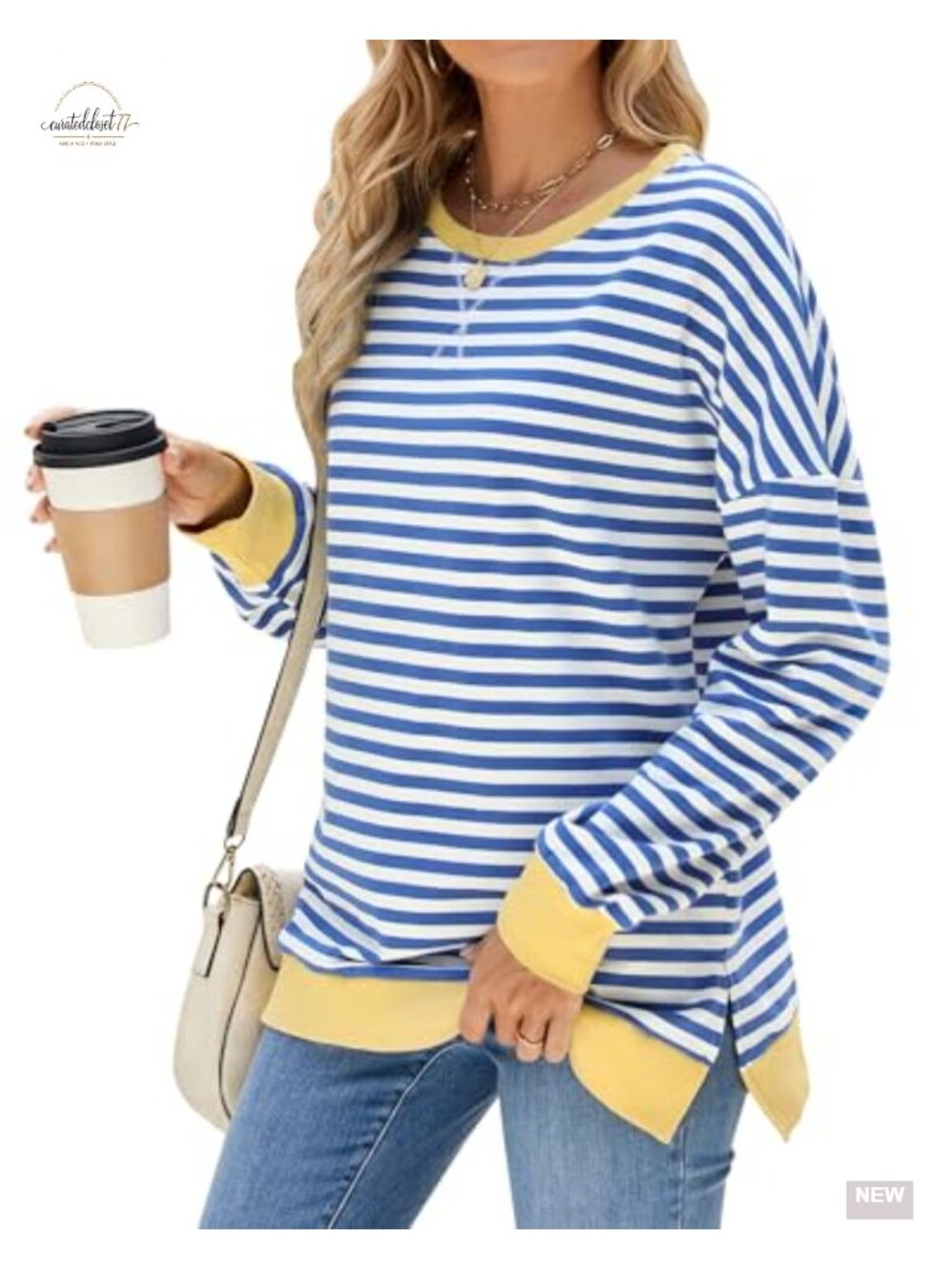 Women's Striped Long Sleeve Tunic Top Crewneck Side Slits Loose Fit Fall